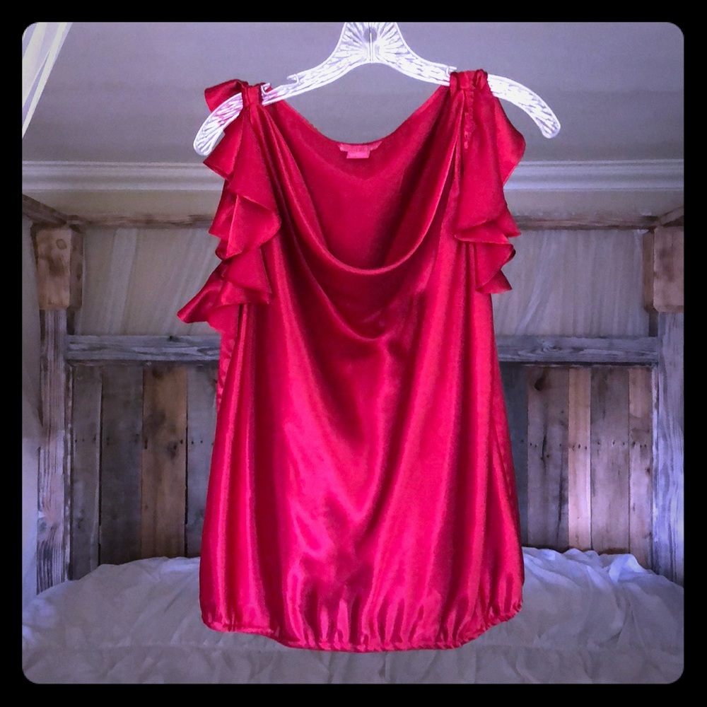 Red Silky Cowl Neck Blouse